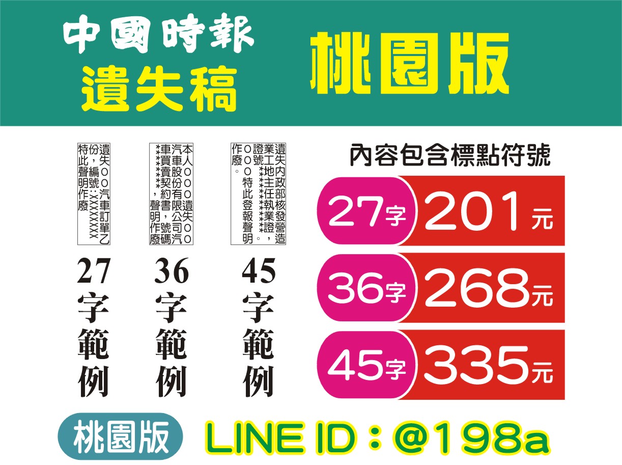 遺失作廢- 中國時報桃園 遺失稿 201元↑